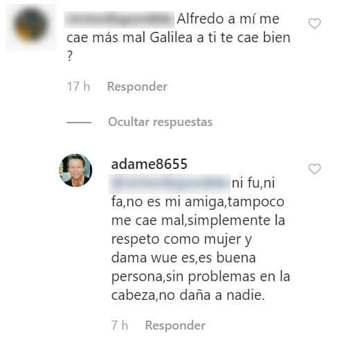 En una de las publicaciones hecha por la 
<b>cuenta @adame8655</b>, un usuario le hizo una pregunta sobre 
<b>Galilea Montijo</b>, a lo cual la cuenta contestó que no le cae ni bien, ni mal y 
<b>la respeta "como mujer y dama"</b>.
<br>
