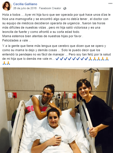 Fue el 26 de julio de 2016 cuando en Facebook, Cecilia Galliano informó a sus seguidores que su hija Valentina había sido 
<a href="https://www.univision.com/programas/super-momentos-de-novela/la-hija-de-cecilia-galliano-fue-operada-de-un-tumor">operada de emergencia</a>.