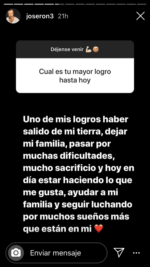 "Uno de mis logros es haber 
<b>salido de mi tierra</b> (Guadalajara), dejar mi familia, pasar muchas dificultades, mucho sacrificio", respondió el actor de 38 años.