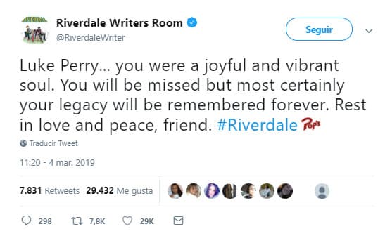 La cuenta del equipo de escritores de la serie también se pronunció: "Luke Perry... eras un alma alegre y vibrante. Te echaremos de menos, pero sin duda tu legado será recordado para siempre. Descansa en el amor y la paz, amigo".