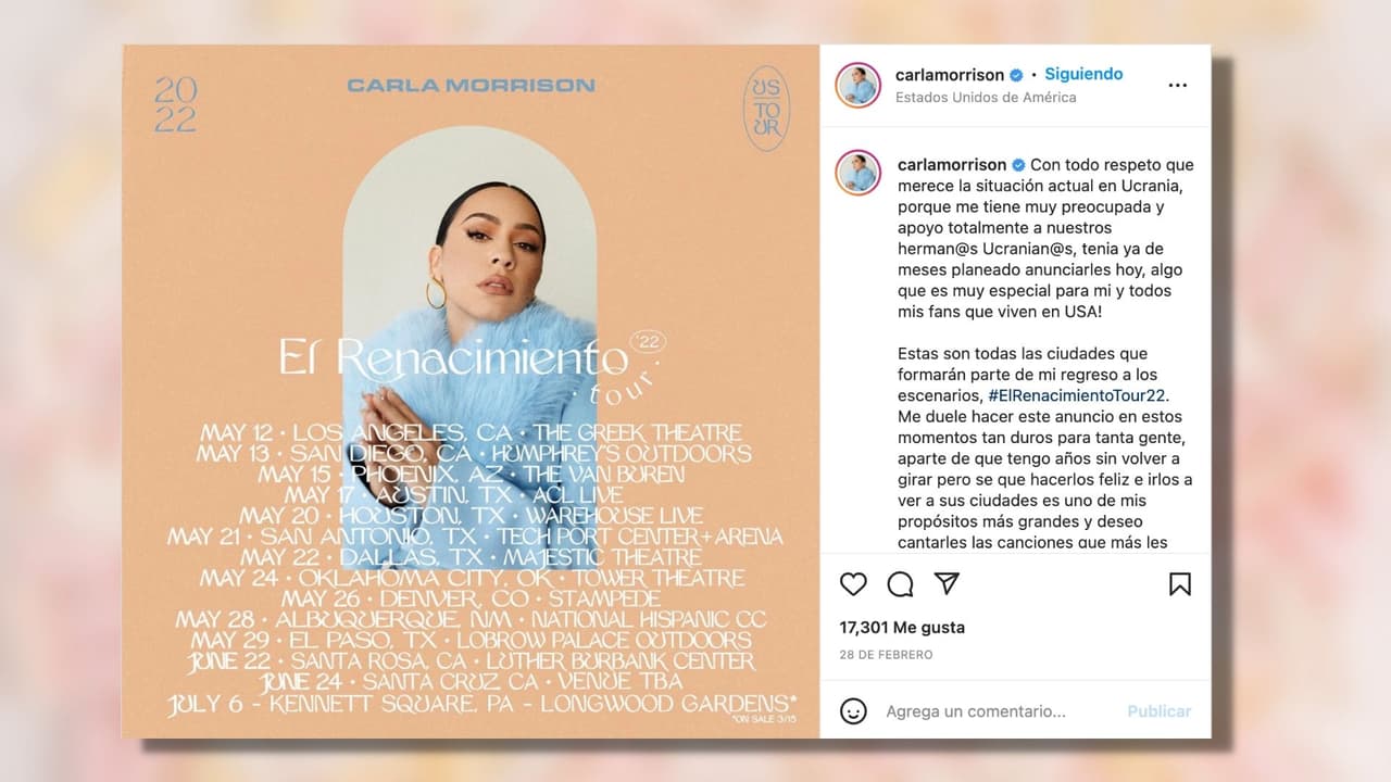 <b>Carla Morrison</b>
<br>
<br>
<a href="https://www.univision.com/musica/moda-primavera-2022-flores-colores-pastel-fotos">La cantautora mexicana</a> anunció que lanzará un nuevo álbum titulado ‘El Renacimiento’ con el que recorrerá gran parte de Estados Unidos en un tour que tendrá el mismo nombre del álbum. La gira de Morrison comienza el 12 de mayo en el icónico Teatro Griego de Los Ángeles y finaliza el 24 de junio en Santa Cruz, California.