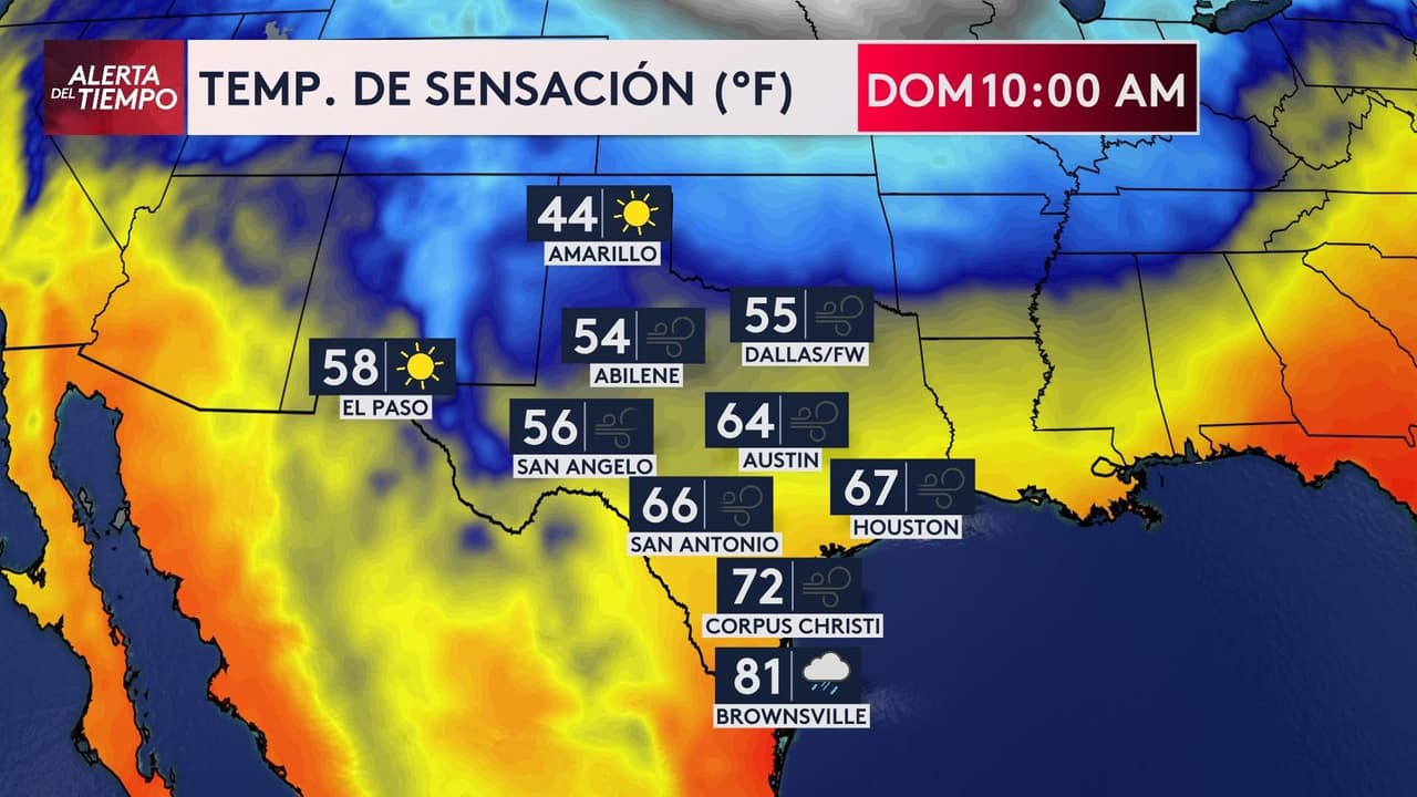 El frente frío también dejará 
<b>temperaturas más bajas al inicio de la semana</b>. Para el 
<b>lunes se pronostican amaneceres en los 30°F con posible helada ligera en el Hill Country</b>, mientras que el 
<b>martes</b> las máximas rondarán los 
<b>70°F</b>, con un clima más estable pero aún seco.