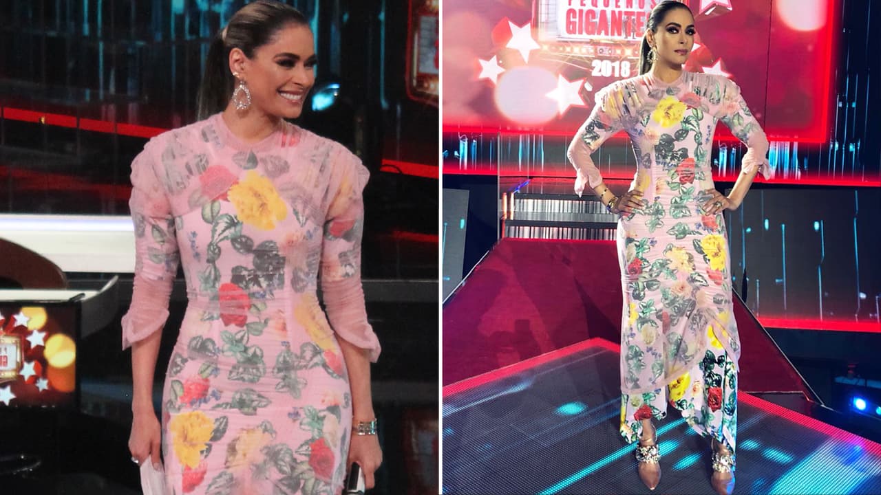 En tanto, para el quinto show de Pequeños Gigantes, Galilea Montijo eligió este refrescante vestido asimétrico rosa de seda con flores estampadas, cuello redondo y mangas 3/4. La prenda lleva encima otro vestido de tul rosa drapeado.