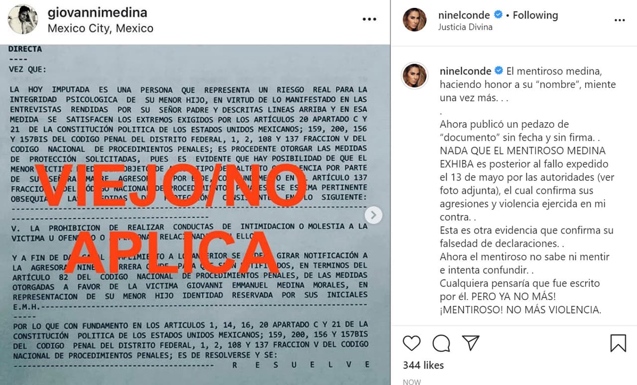 Después de una hora, Ninel Conde reaccionó y acusó al empresario de publicar un 
<b><a href="https://www.instagram.com/p/CATm6kpBvBw/" target="_blank">"pedazo de documento"</a></b> que calificó como "viejo" y anterior al "fallo expedido el 13 de mayo" pasado. 
<br>