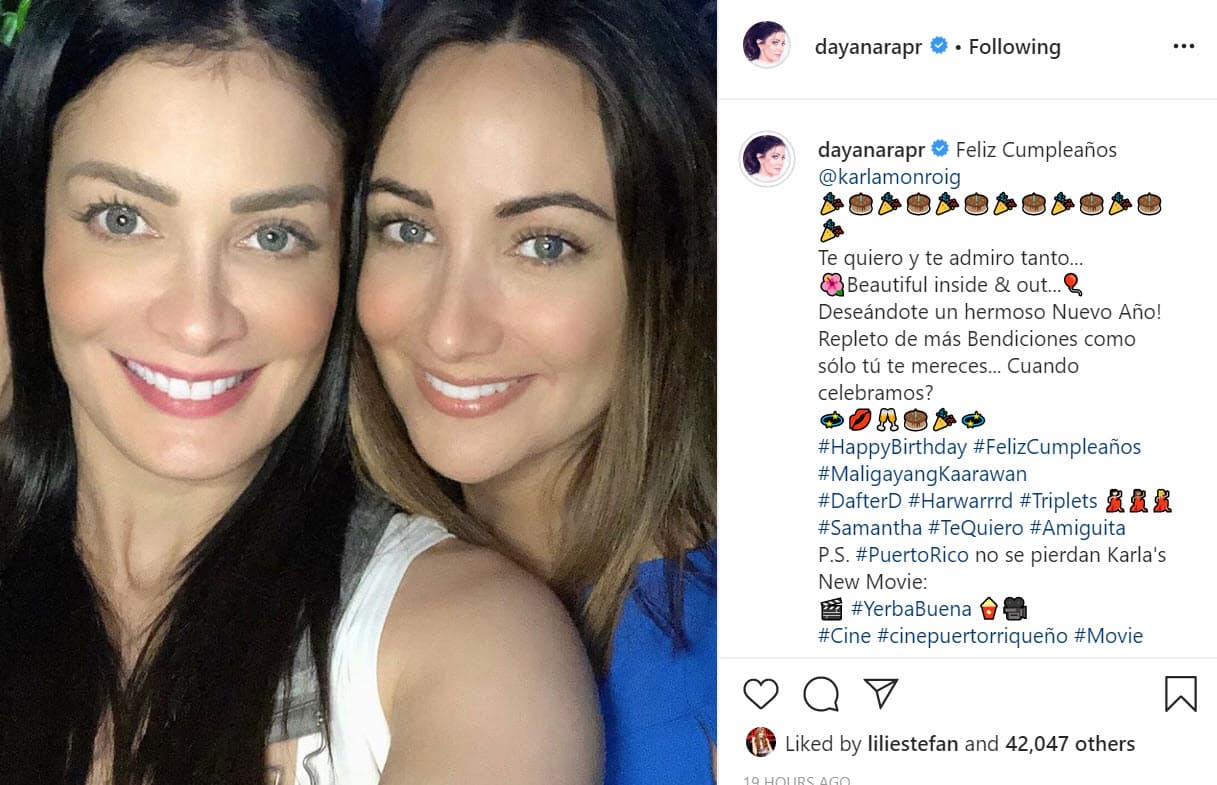Una de las felicitaciones le vino por parte de Dayanara Torres, quien publicó 
<b><a href="https://www.instagram.com/p/B9X9UFop0zs/" target="_blank">esta fotografía</a></b> junto con ella y escribió: "
<b>Te quiero y te admiro tanto</b>... Bella por dentro y fuera… ¡Deseándote un hermoso nuevo año! Repleto de más bendiciones como solo tú te mereces... ¿Cuándo celebramos?". 
<br>