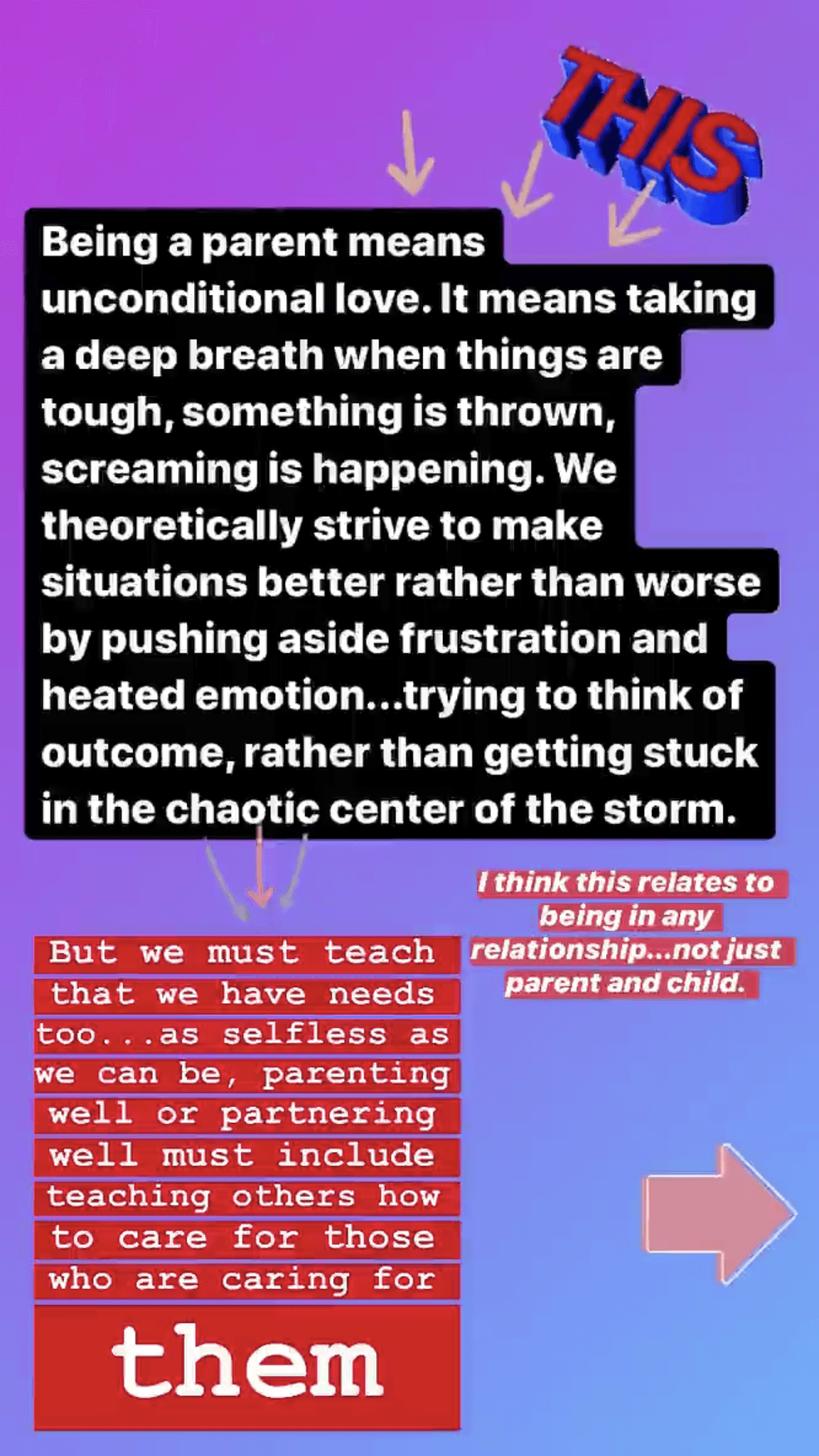 "Ser padre significa amor incondicional. Eso significa respirar profundamente cuando las cosas son difíciles, algo se mueve, se producen gritos. Teóricamente nos esforzamos por mejorar las situaciones en lugar de empeorarlas, dejando de lado la frustración y la emoción acalorada", destacó.
<br>