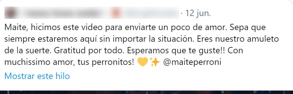 No mencionó de manera explícita el asunto que la atañe con su ex y con Claudia Martín, pero dio retuit a un video que le hicieron algunos de sus fanáticos en el que le hicieron saber que "siempre estarán" con ella
<b><a href="https://twitter.com/brightmaite/status/1403729391251820552" target="_blank">"sin importar la situación"</a></b> por la que atraviese.
<br>
