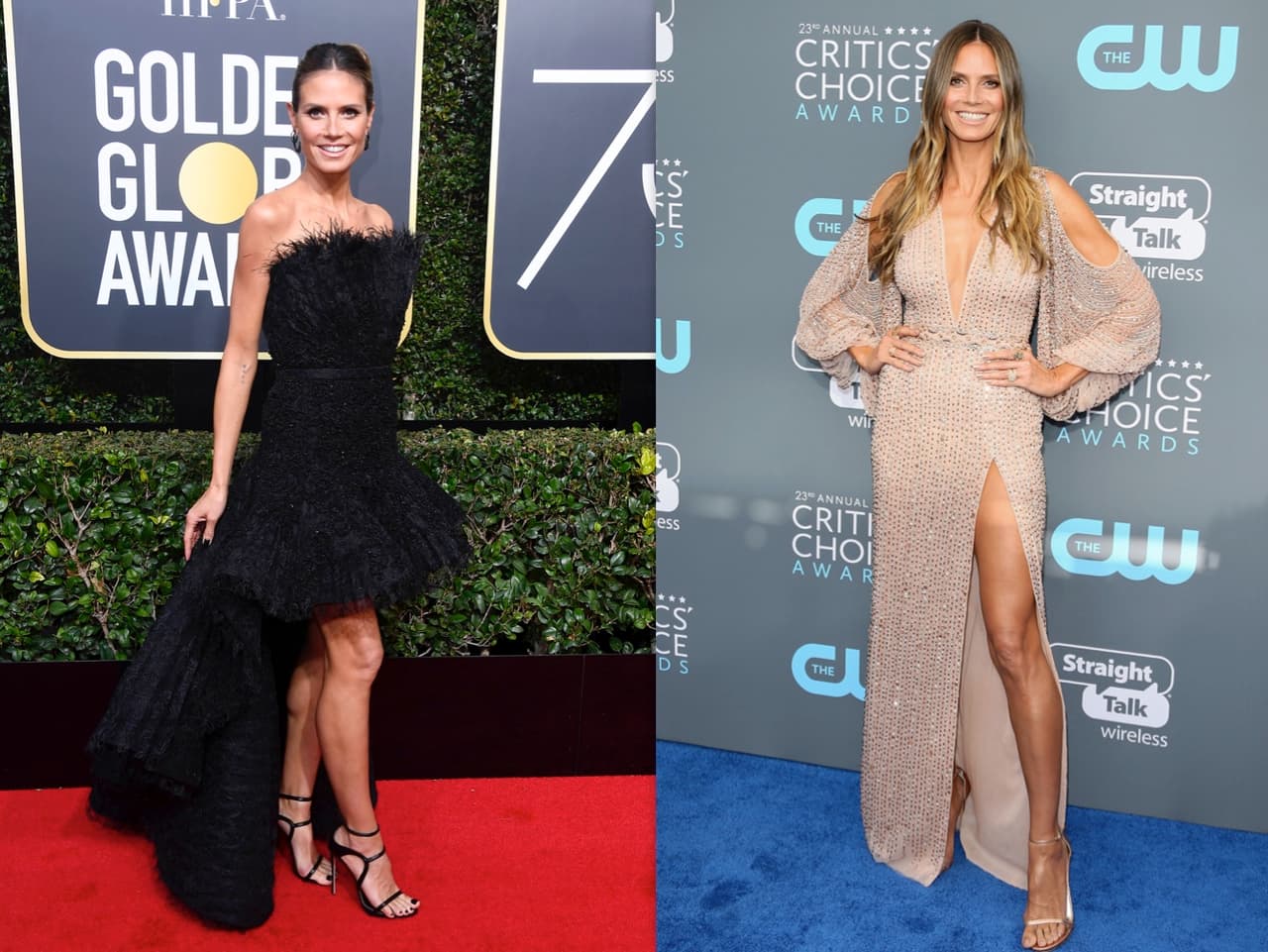 La supermodelo y empresaria Heidi Klum usó un atrevido traje color ‘nude’, con pedrería de pies a cabeza, del diseñador libanés Georges Hobeika.