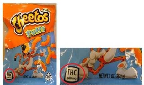 La única diferencia es la señal de THC. Una bolsa estándar de un producto parecido a la marca Cheetos contiene 600 miligramos de THC, 120 veces la dosis máxima legal para adultos en la mayoría de los estados.