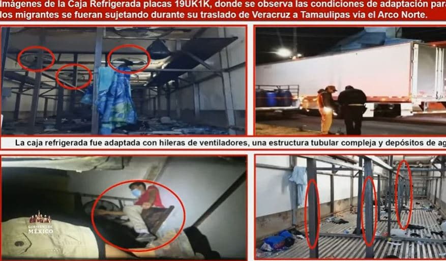Fotos del camión de carga que transportaba 205 migrantes hacia Tamaulipas en diciembre de 2021.