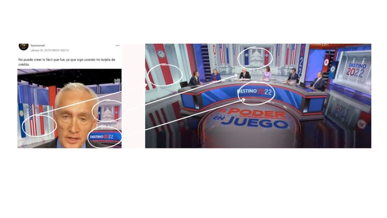 A la izquierda, uno de los avisos que circulan en redes. A la derecha, la imagen del set del Noticiero Univision.