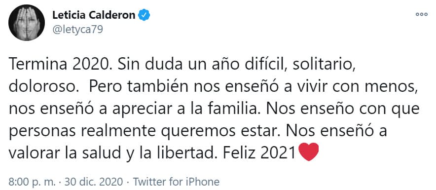 En su mensaje comparte que el año pasado "nos enseñó a vivir con menos, nos enseñó a apreciar a la familia. Nos enseñó con qué personas realmente queremos estar. 
<b>Nos enseñó a valorar la salud y la libertad</b>".
<br>