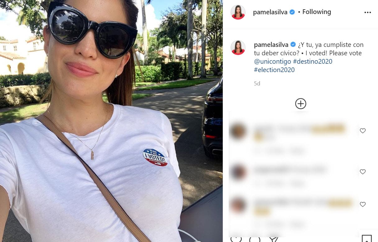 <b><a href="https://www.univision.com/famosos/con-tiernas-fotografias-y-pastel-pamela-silva-celebra-los-3-meses-de-su-hijo-ford-fotos" target="_blank">Pamela Silva</a></b> hizo lo propio y preguntó si sus fans ya lo habían hecho al igual que ella. "Y tú, 
<b><a href="https://www.instagram.com/p/CG5LsZ5nhtj/?igshid=xabcb4i4ygt6" target="_blank">¿ya cumpliste con tu deber cívico?</a></b> ¡Yo voté! Por favor, vota", escribió.