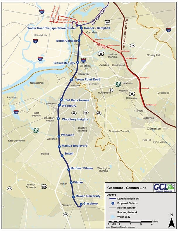 Mapa de estaciones propuestas para el tren ligero entre Glassboro y Camden.