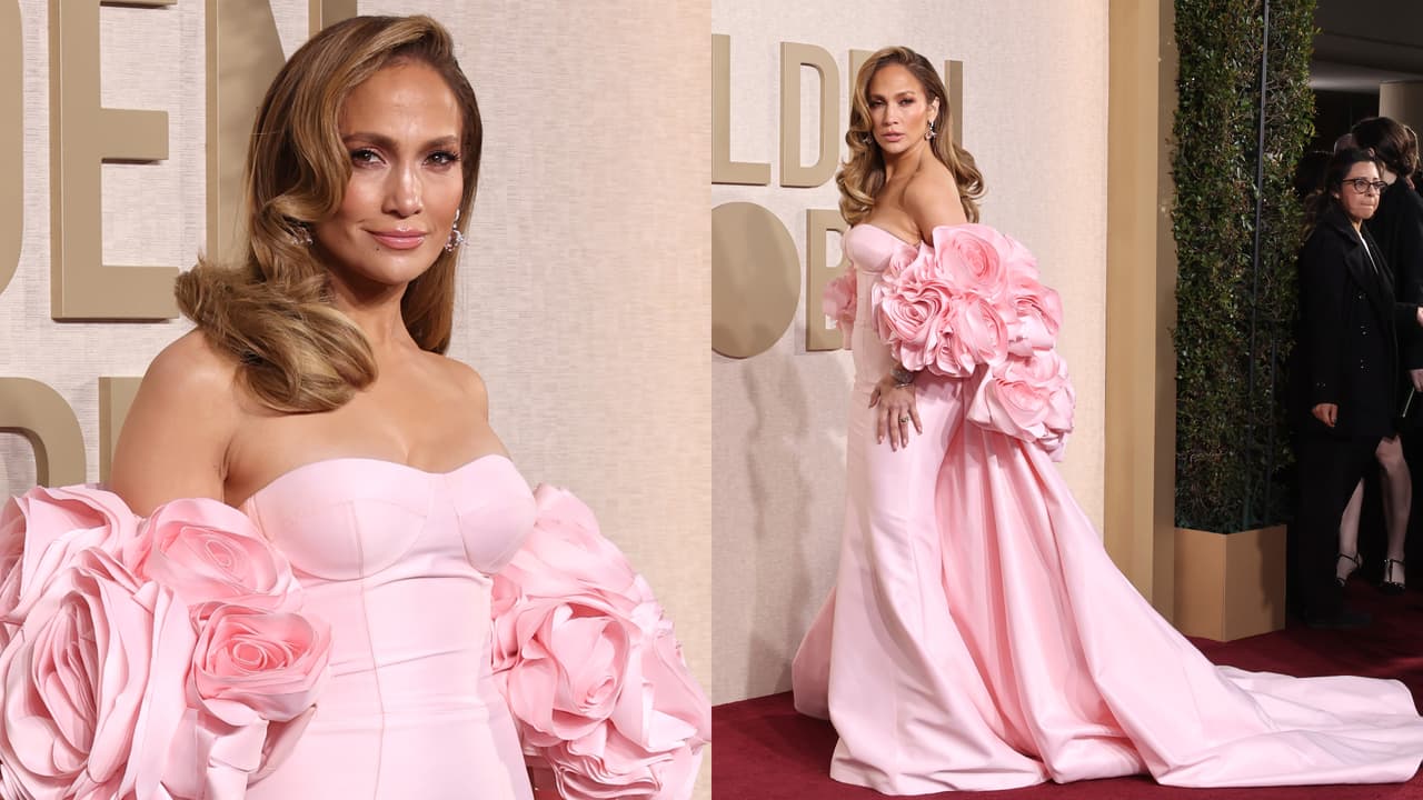 JLo apareció en los Golden Globes 2024 con este vestido rosa de Nicole + Felicia.