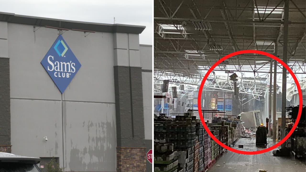 Daños dentro y fuera de una tienda Sam's Club en Grapevine, Texas.
