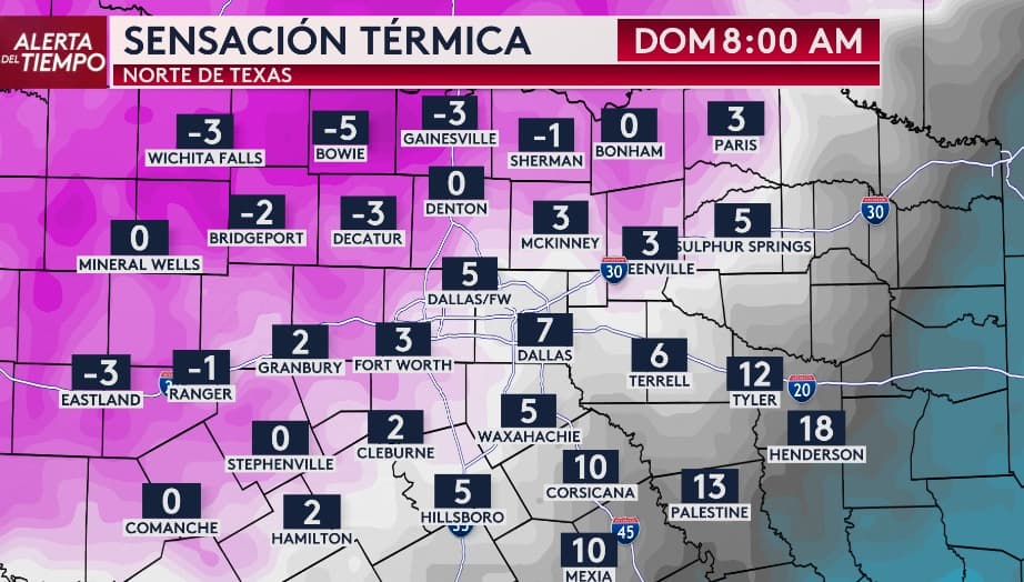 Aquí puedes ver a detalle, la sensación térmica por condado. Lo más peligroso es al norte, en condados que 
<b>tendrán sensación térmica de hasta -5°F.</b>