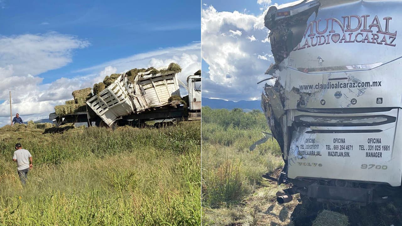 El camión que cargaba pacas impactó el autobús en la parte trasera e izquierda.