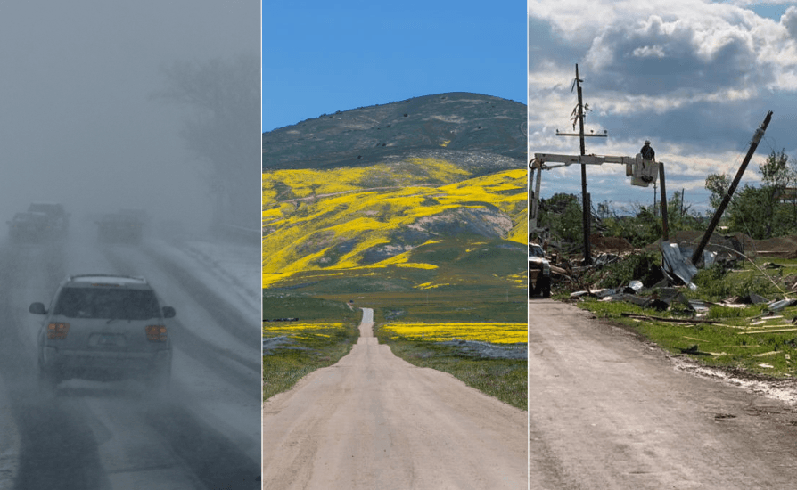 Mientras en California el pronóstico del tiempo es primaveral con temperaturas alrededor de los 70 grados Fahrenheit, y el súper florecimiento se puede disfrutar en varios destinos a lo largo del estado, las condiciones meteorológicas de al menos 12 estados es crítica debido a una tormenta de primavera histórica con temperatura punto de congelaciónm así como tornados que dejaron sin techo, literalmente, cientos de pobladores.