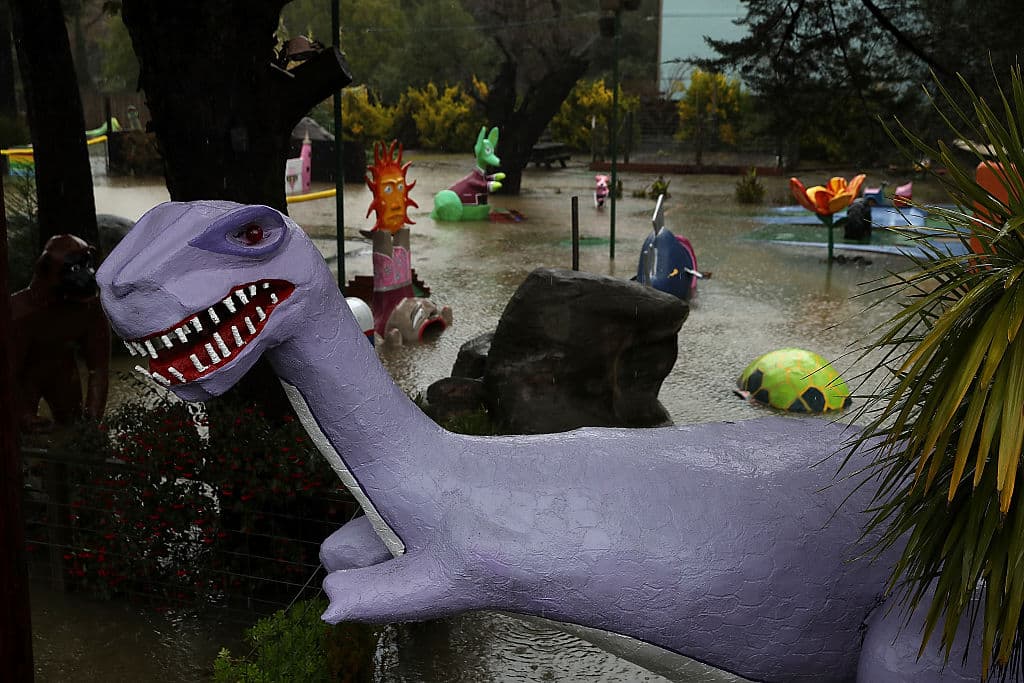 Así quedaron los dinosaurios que decoran un campo de mini golf situado en Guerneville, California, una de las comunidades más afectadas por las lluvias e inundaciones.