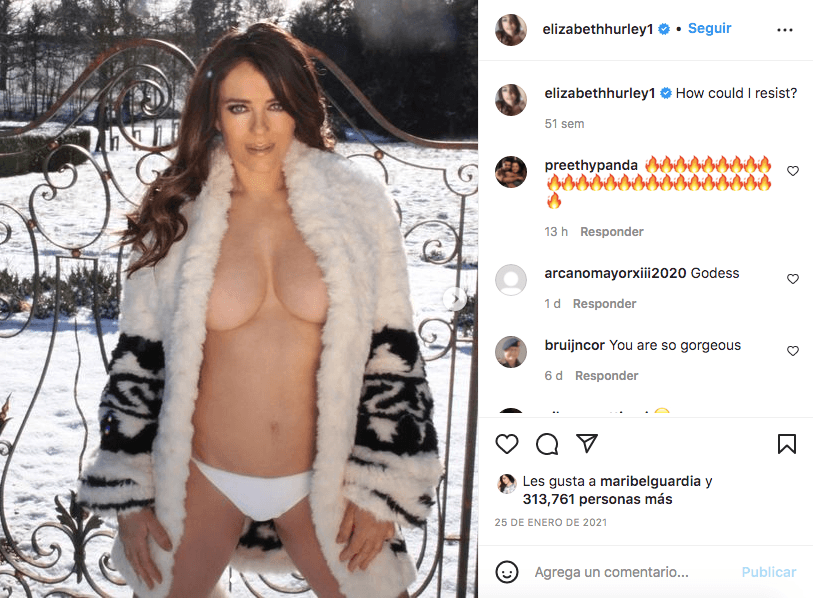<b>Elizabeth Hurley</b>
<br>La actriz se aventuró a la nieve con tan sólo la parte de debajo de su bikini. Sin embargo, optó por defenderse del frío invernal con un abrigo