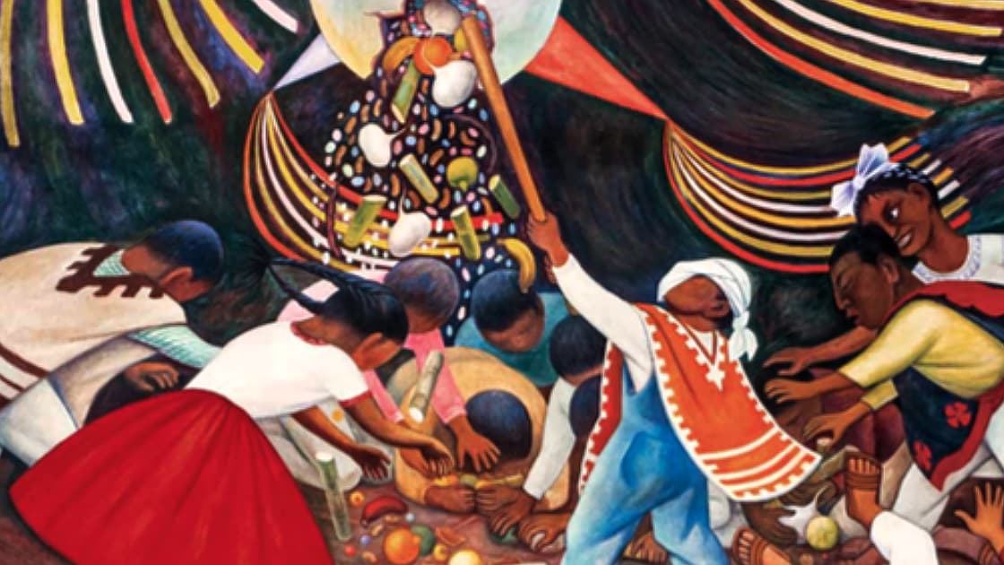 ‘Romper la piñata’ representa el combate al pecado (piñata) con ayuda de la fe (palo) para obtener la gracia de Dios (dulces y fruta).