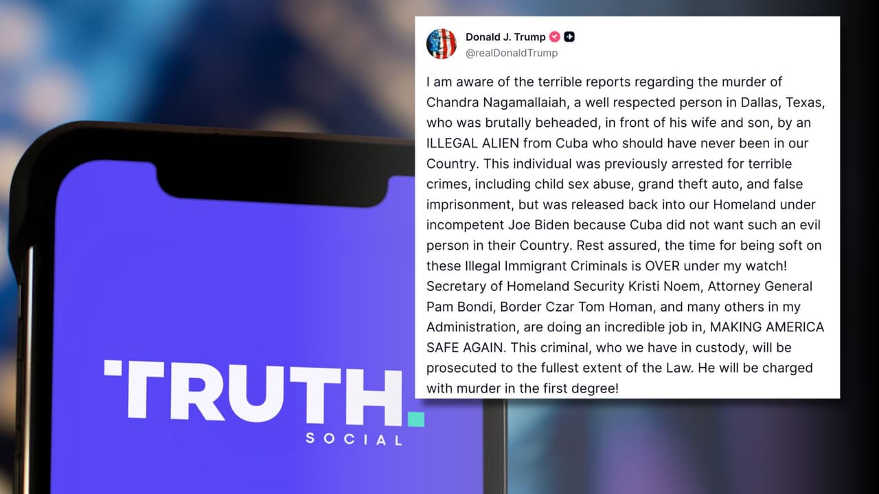 Publicación del presidente Donald Trump en su red Truth Social sobre el asesinato de Chandra Mouli “Bob” Nagamallaiah en Dallas.