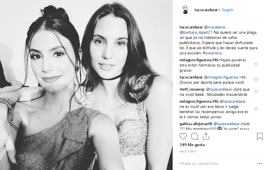 Y días antes dedicó
<b> este mensaje a las actrices </b>Macarena Achaga y Bárbara López.