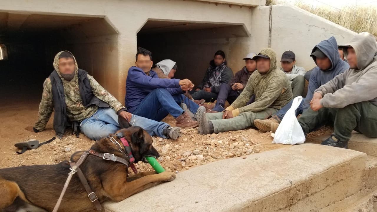Agentes de la estación de Douglas Station con la ayuda de un oficial K9 y la unidad de patrulla a caballo detuvieron a 10 migrantes escondidos en una alcantarilla.
