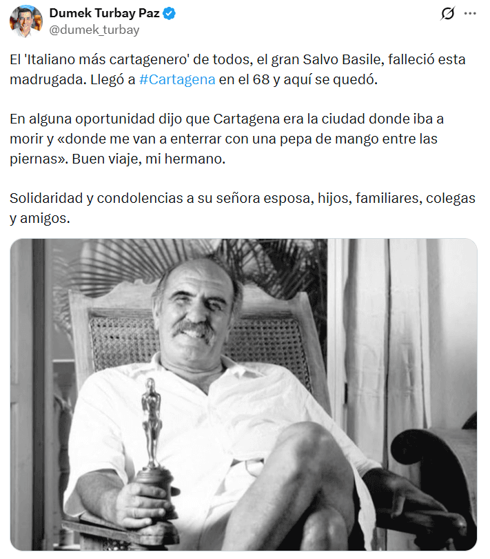 La muerte del actor Salvo Basile fue confirmada por el alcalde Dumek Turbay Paz.