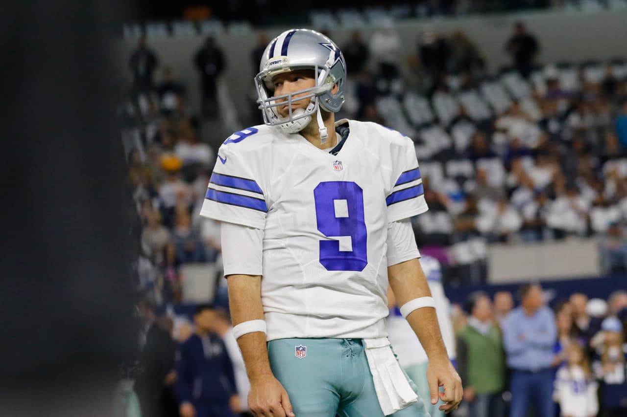 Dallas Cowboys quarterback Tony Romo (9) prior to an NFL football NFC divisional playoff game against the Green Bay Packers, Sunday, Jan. 15, 2017, in Arlington, Texas. The Packers defeated the Cowboys, 34-31. (Ryan Kang via AP)