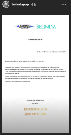 "Lamento mucho informarles que por causas de salud no podré presentarme en el evento programado para el día viernes 10 de enero del 2020 en la Feria de León", anunció en un comunicado difundido en sus historias de Instagram.