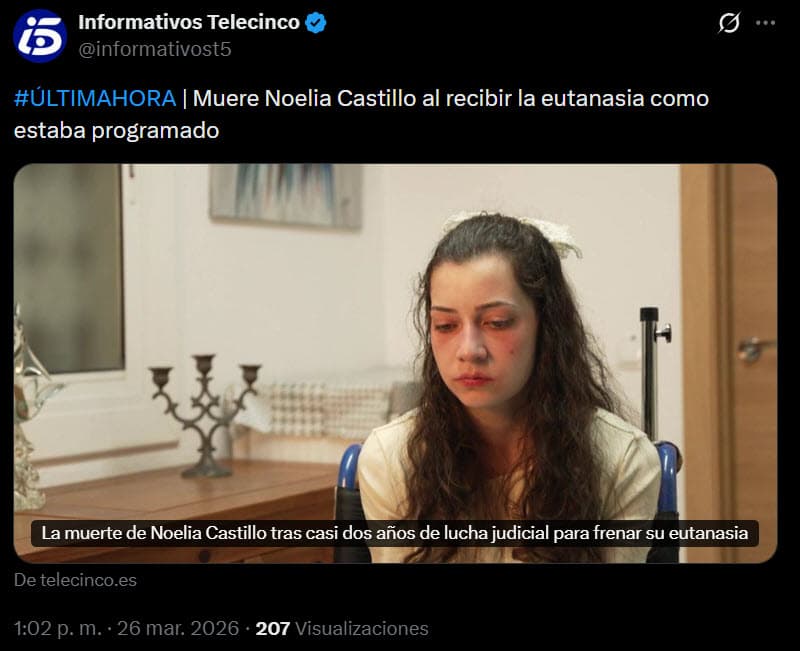 Telecinco confirmó la muerte de Noelia Castillo Ramos.