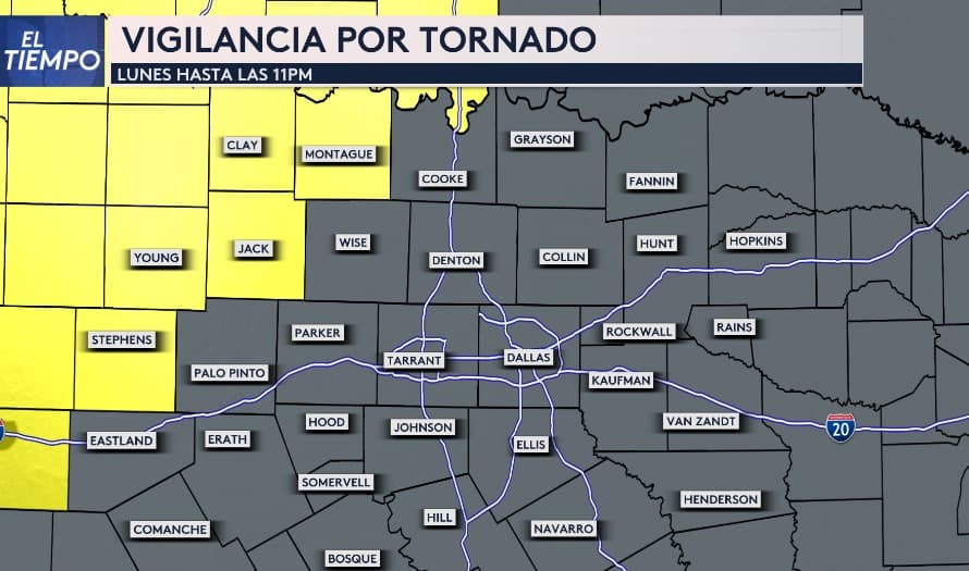 <h3 class="cms-H3-H3">Vigilancia por tornado para el norte de Texas, hasta las 11 pm de este lunes</h3>
<br>Se ha emitido una vigilancia por tornado para varios condados del norte de Texas,
<b> incluyendo Young, Stephens, Jack, Clay y Montague. </b>
<br>Importante: 
<b>esta vigilanciano incluye al Metroplex.</b>