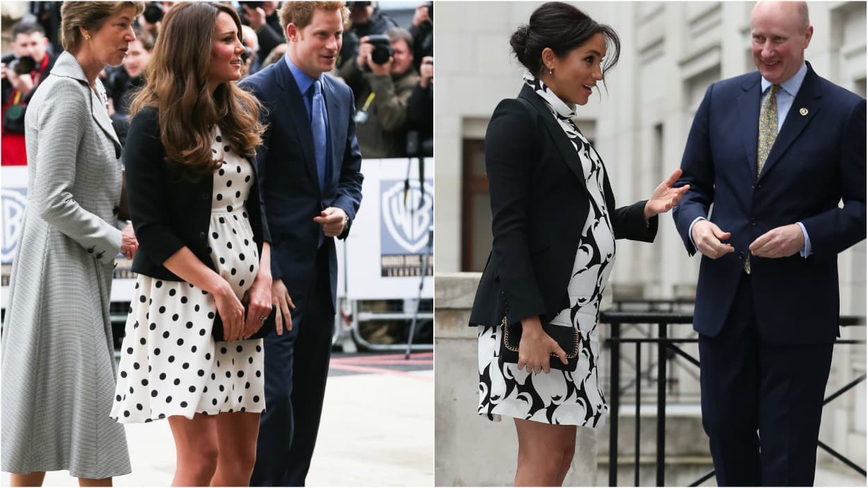 A pesar de que Meghan tuvo que modificar su estilo, siempre le puso su toque personal con los accesorios o el peinado. En esta imagen ambas lucen vestidos por encima de la rodilla con estampados en blanco y negro. Ambas lo combinaron con sacos negros, el de Kate era más corto.