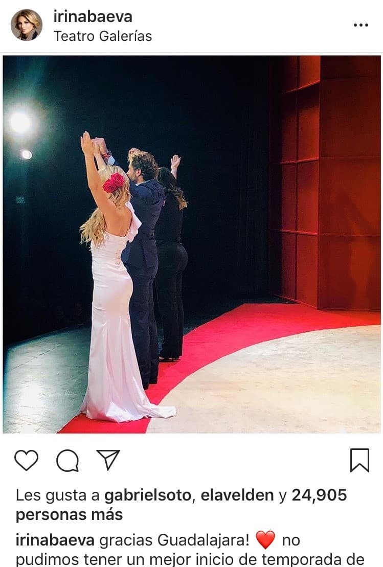 Sin embargo, Gabriel Soto parece no estar tan pendiente de lo que su pareja publica en Instagram, o al menos no lo manifiesta con 'likes'. De todas las publicaciones de Irina Baeva que vimos en su cuenta, sólo esta foto de cuando estaban en gira tetaral, cuenta con un 'like' del actor.