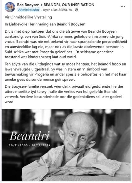 Muere Beandri Booysen.