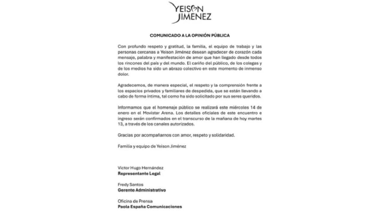 Equipo de trabajo de Yeison Jiménez revela cuándo será el funeral.