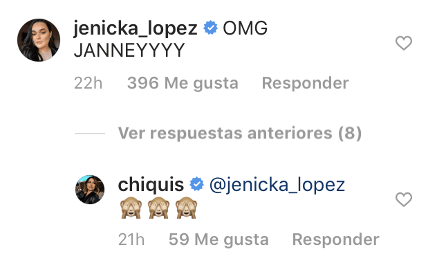 <a href="https://www.univision.com/famosos/jenicka-lopez-hija-de-jenni-rivera-confiesa-que-la-critican-muy-feo-por-su-cuerpo-pero-eso-la-motiva-mas-fotos" target="_blank">Jenicka López, la menor de sus hermanas</a>, fue una de las que reaccionaron sorprendidas a la foto. Chiquis, por su parte, respondió con tres emoticonos de changuitos tapando sus ojos.