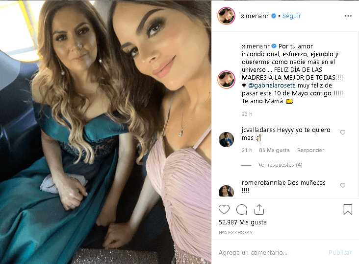 La ex Miss Universo 
<a href="https://www.univision.com/entretenimiento/celebridades/la-transformacion-de-ximena-navarrete-fotos">Ximena Navarrete</a> dedicó unas palabras de amor a su madre: "Por tu amor incondicional, esfuerzo, ejemplo y quererme como nadie más en el universo. Feliz Día de las Madres a la mejor de todas".