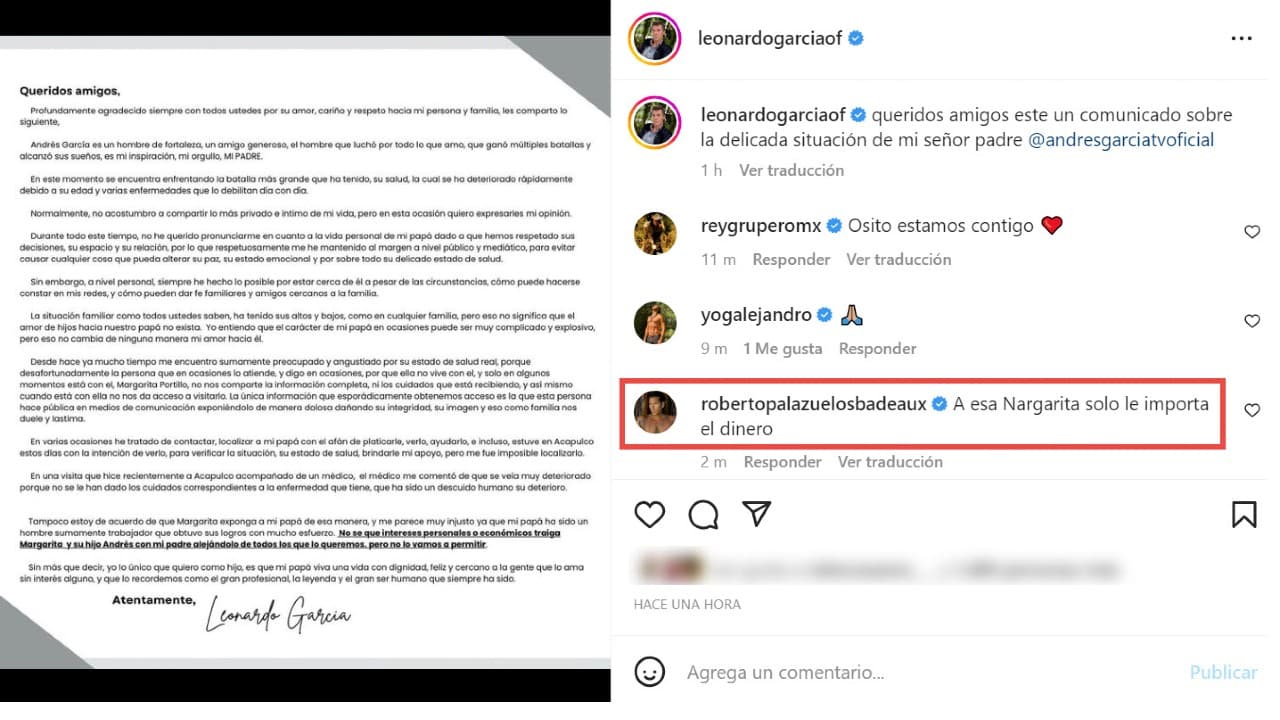 Leonardo García respondió al señalamiento a través de un comunicado diciendo que es ella quien no le permite visitar a su famoso padre. Además, dijo que ella y su hijo, Andrés López Portillo, tienen intereses en la herencia del dominicano,
<b><a href="https://www.univision.com/famosos/andres-garcia-roberto-palazuelos-amenazas" target="_blank">algo que también secundó Roberto Palazuelos</a></b>
<a href="https://www.univision.com/famosos/andres-garcia-roberto-palazuelos-amenazas" target="_blank">,</a> quien era gran amigo del actor.
<br>