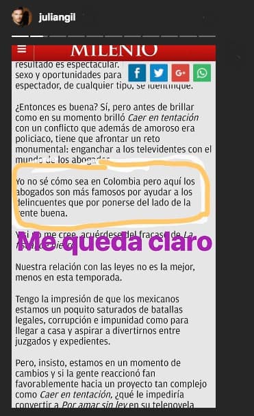 El actor destacó un párrafo de una publicación del periódico mexicano Milenio, en la cual se consigna que los abogados ayudan a los delincuentes y no a la gente buena.