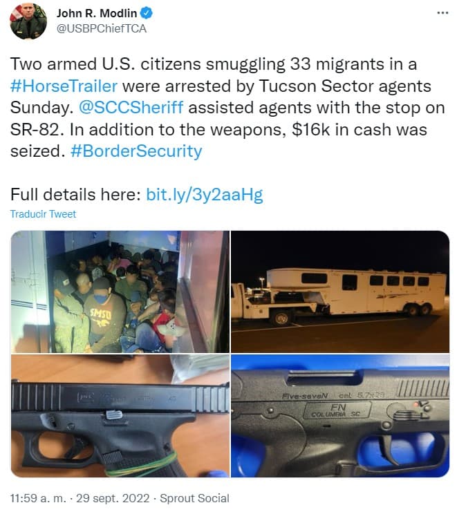 De los hechos informó a través de un mensaje en su cuenta de Twitter John R. Modlin, quien es jefe de la Patrulla Fronteriza en el sector Tucson.