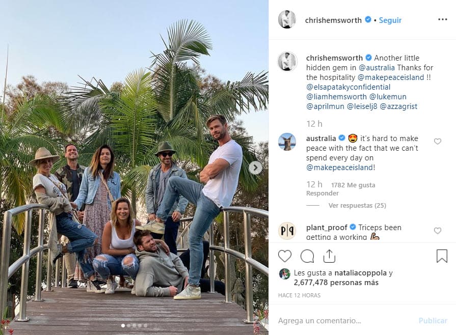 En un texto de agradecimiento, el intérprete de Thor relató que estuvieron hospedados en Makepeace Island, un lujoso lugar privado en la isla de Noosa.