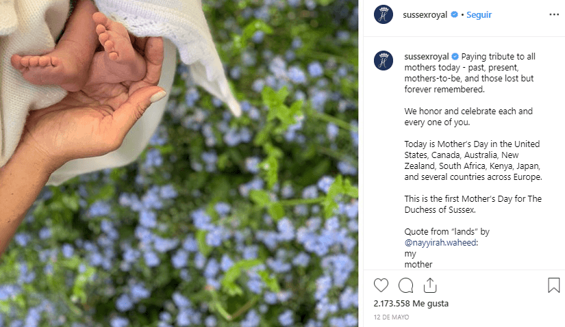 Cuando publicaron con motivo del Día de las Madres, una fotografía del bebé Archie, hicieron una referencia a Lady Di. Al fondo de la imagen se observa la flor favorita de la princesa Diana No me olvides, de acuerdo con 
<a href="https://people.com/royals/meghan-markle-and-prince-harry-just-paid-tribute-to-princess-diana-on-instagram-for-the-first-time/" target="_blank">People</a>.
