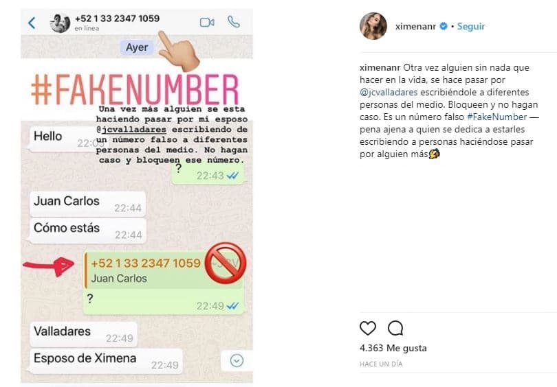 Por su parte, Ximena Navarrete aclaró que el número del que vienen los mensajes no es el de su esposo, Juan Carlos Valladares.