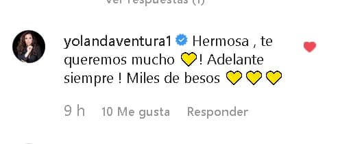 Por su parte, 
<b><a href="https://www.univision.com/famosos/yolanda-ventura-asegura-que-lo-que-sufrio-odiseo-bichir-le-puede-pasar-a-cualquiera-fotos" target="_blank">Yolanda Ventura</a></b>, esposa del actor Odiseo Bichir, le respondió: "Hermosa , ¡te queremos mucho !
<b> ¡Adelante siempre!</b> Miles de besos".