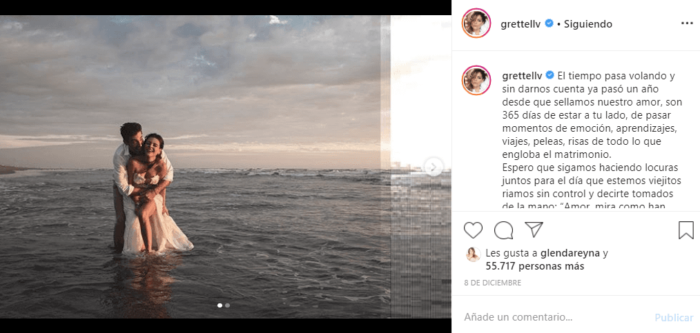 “El tiempo pasa volando y sin darnos cuenta ya pasó un año desde que 
<b><a href="https://www.univision.com/entretenimiento/celebridades/despues-del-escandalo-grettell-valdez-llego-al-altar-fotos">sellamos nuestro amor.</a></b> Son 365 días de estar a tu lado, de pasar momentos de emoción, aprendizajes, viajes, peleas, risas, de todo lo que engloba el matrimonio”, escribió la actriz en una de las publicaciones que difundió.