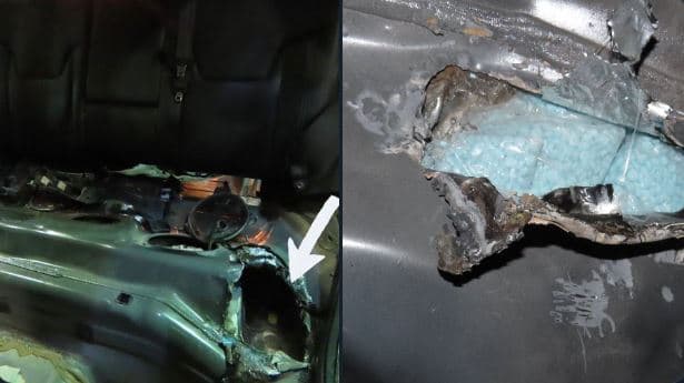 En la garita de Douglas fueron decomisadas cerca de 255,000 píldoras de fentanilo escondidas debajo del asiento trasero de un auto.