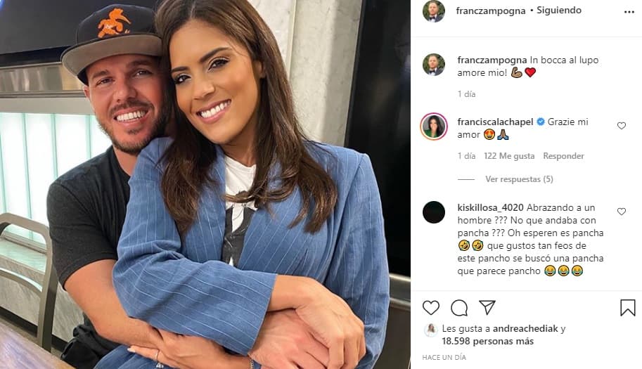 Junto a la foto, Francesco escribió el mensaje "in bocca al lupo amore mio", frase con la que le desea buena suerte en idioma italiano. Recordemos que la exreina de Nuestra Belleza Latina próximamente participará en la competencia de canto Tu Cara Me Suena.